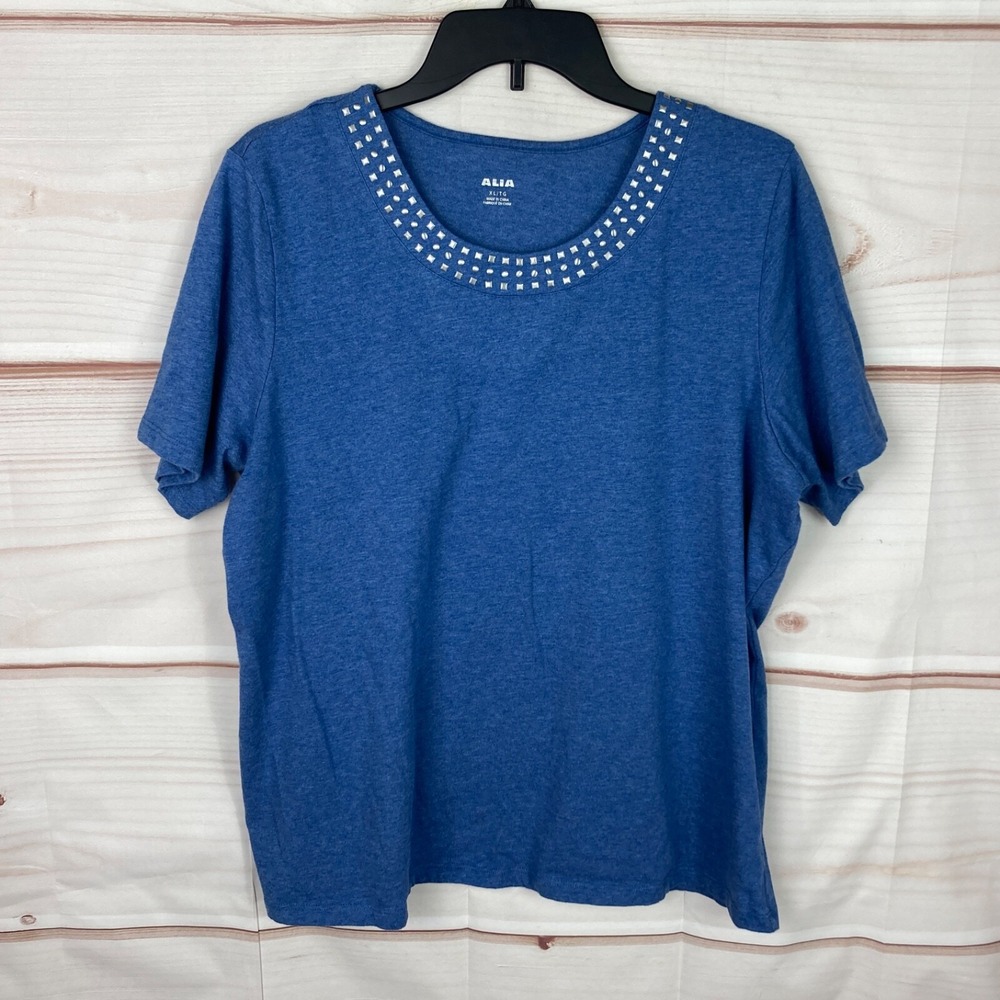 Alia Top Womens XL Blue Short Sleeve T-Shirt Stud Trim Round Neck Solid Pullover